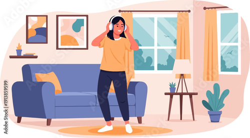 Person with headphones enjoying music in a cozy living room