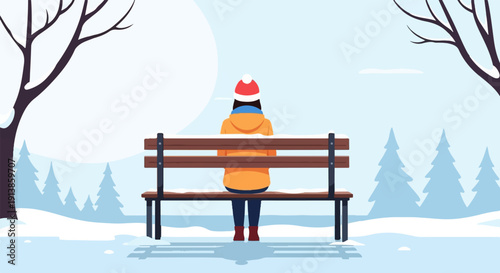 Person in winter attire sits on a snowy park bench, facing away