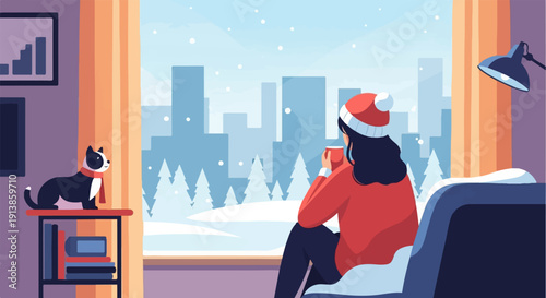 Person in winter hat sips coffee by window watching snow fall on city