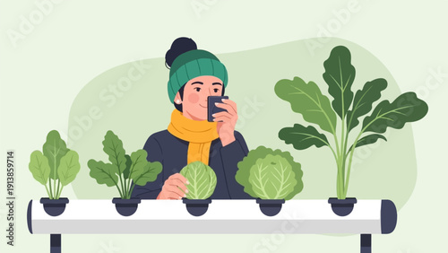 Person in winter clothing observing hydroponic vegetables using a mobile device