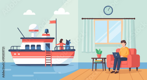 Person working indoors near a boat with a girl and dog by the sea