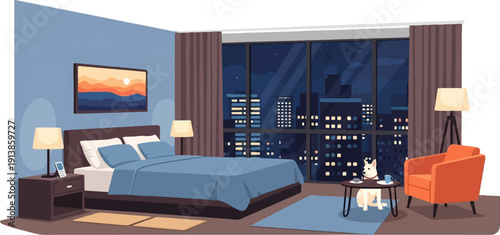 Pixelated bedroom scene at night with city view and a dog