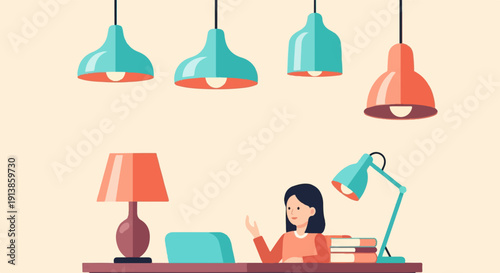 Person working at desk with laptop and desk lamp under hanging lights