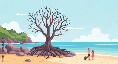 Pixelated beach scene with a bare tree, people, and a dog by the sea