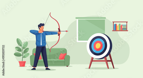 Person indoors practicing archery at a target with a bow and arrow