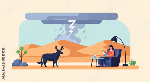 Person indoors with dog, reading, while a storm rages outside with deer