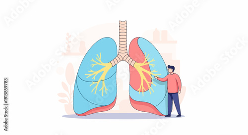 Person interacting with stylized illustration of human lungs
