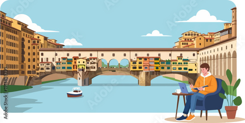 Person working on laptop and notebook by a river with a historic bridge