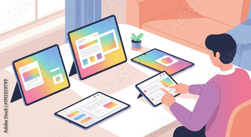 Person interacts with multiple digital devices displaying colorful content and interfaces