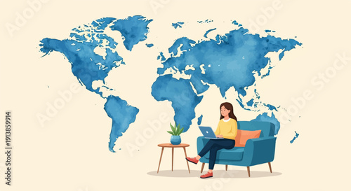 Person working on laptop in armchair before world map