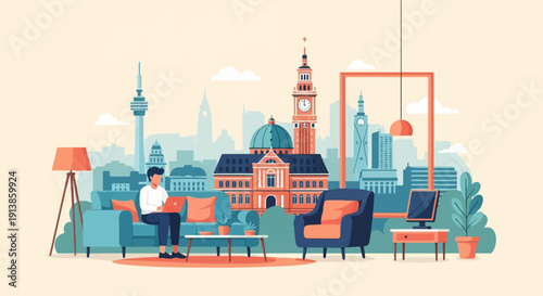 Person on couch with laptop, city buildings and clock tower background