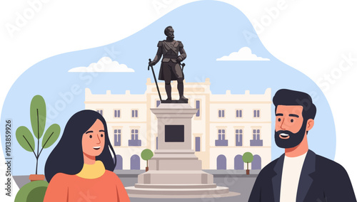 Pixelated illustration of a man and woman at a city square with a monument