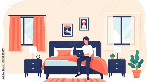 Person working on laptop in bedroom with windows and plants