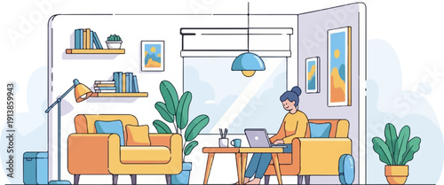 Person working on laptop in cozy, sunlit room with plants