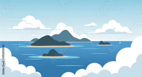 Pixelated islands rise from tranquil blue ocean under a sky dotted with fluffy clouds