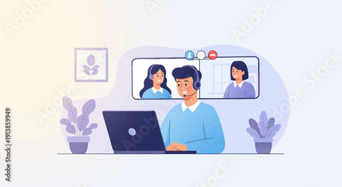 Person on laptop video call with two colleagues in separate screens