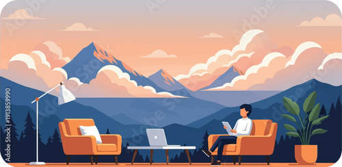 Person on sofa, tablet in hand, laptop on table, scenic mountain view