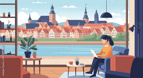 Person working on laptop indoors with view of European town cityscape