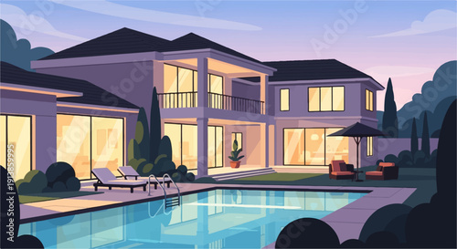 Pixelated luxury mansion with pool at dusk, bathed in warm light