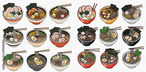 Collection of various delicious Japanese ramen noodle soup bowls with different toppings and broths.