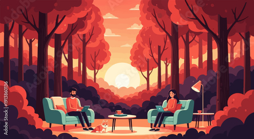 Pixelated scene of two people working on laptops in a cozy forest setting