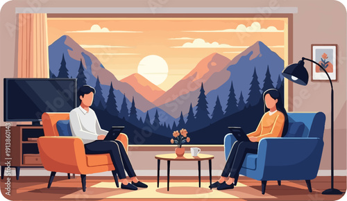 Pixelated scene of two people working on laptops in cozy chairs
