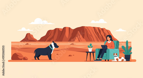 Person working remotely with dogs in a desert landscape