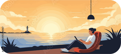 Person works on laptop by the sea at sunset, lighthouse in distance