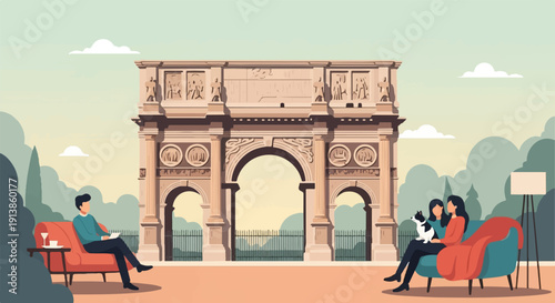 Pixelated scene shows people relaxing near an ancient archway with a dog