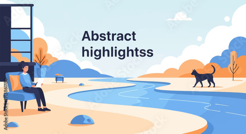 Person works on laptop by river with cat walking nearby under abstract sky