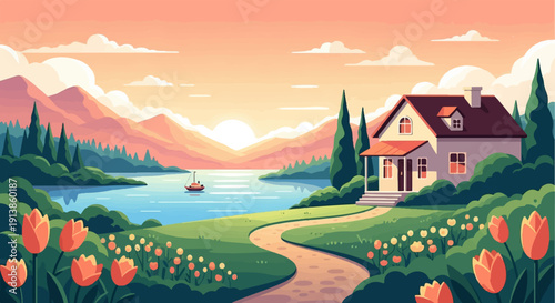 Pixelated serene landscape at sunset with a house and boat
