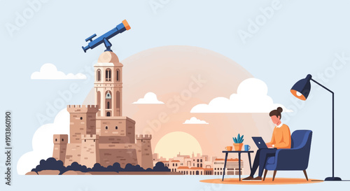 Person works on laptop in armchair near tower and cityscape