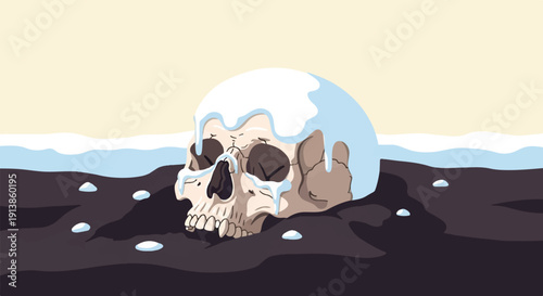 Pixelated skull partially submerged in dark mud with melting ice