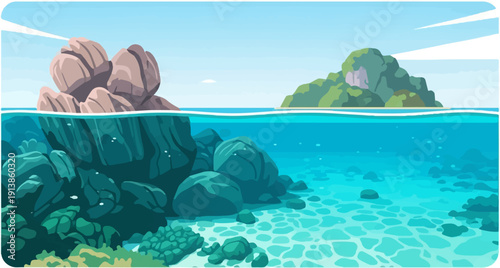 Pixelated underwater view of tropical islands with rocky shores and clear turquoise water