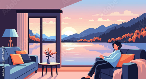 Person relaxes indoors, gazing at a tranquil lake and mountain sunset vista