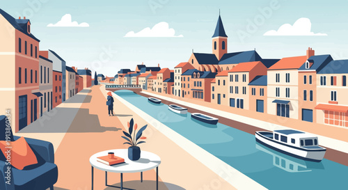 Picturesque canal-side town with boat traffic and outdoor seating