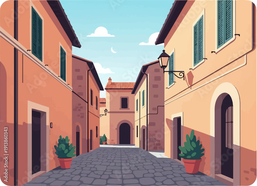 Pixelated view of a sunlit European street with arched doorways