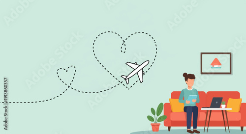 Person relaxing at home as a plane flies a heart-shaped path