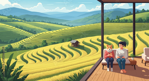 Relaxing with dog in modern room overlooking golden terraced fields