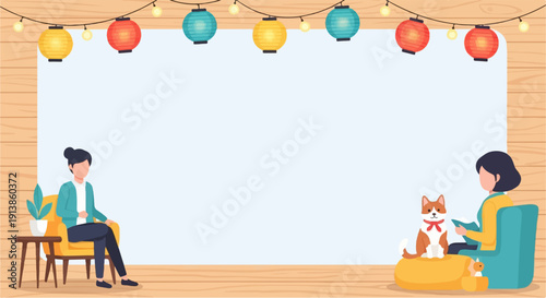 Relaxing with a pet and a book under decorative lights on wood background