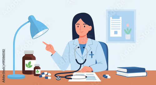 Physician pointing at medicine bottles and capsules on desk