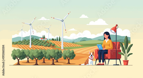Person relaxing at home with laptop and dog in a field of wind turbines