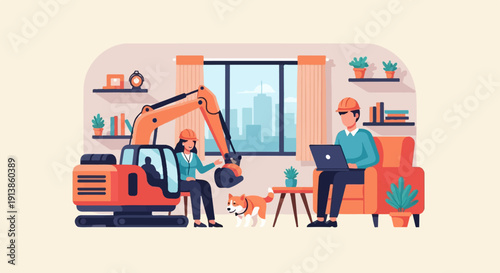 Remote construction work operator and manager collaborate with dog