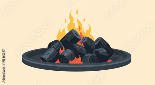 Pile of charcoal burning with orange flames in a dark bowl