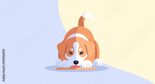 Playful puppy with orange and white fur chews on a toy