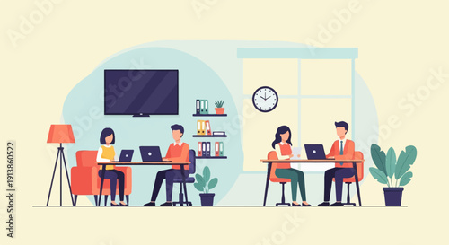 Remote workers collaborating in a modern office space with plants