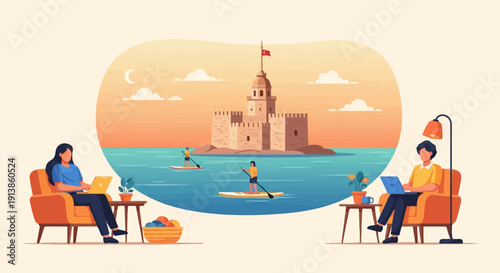 Remote work with a view People on laptops by the sea with a historic tower