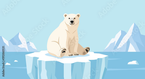 Polar bear sits on an iceberg in a frozen landscape