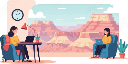 Remote workers at laptops in comfy chairs with canyon backdrop