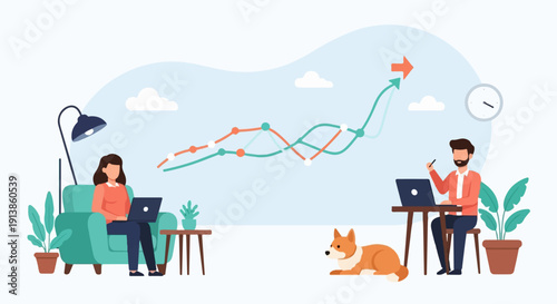 Remote workers collaborate on upward trending chart, with dog